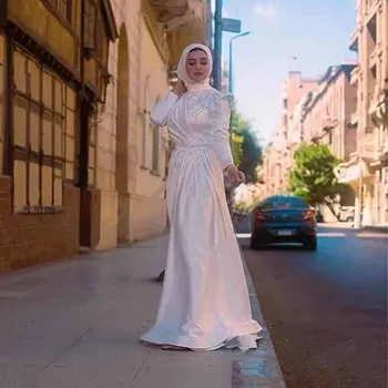 Elegante Hijab Muçulmano Vestidos De Noiva Vestidos De Noiva Frisado Saia Destacável Árabe De Dubai Mariage De Cetim Bainha Islâmica Desgaste Formal