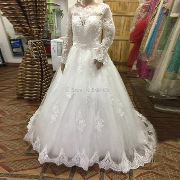 Branco Elegante Pérolas Vestidos de Casamento para noivas de Renda do Barco Pescoço Mangas compridas Vestido Noiva Vestidos de Noiva Plus Size 2022 com Faixa