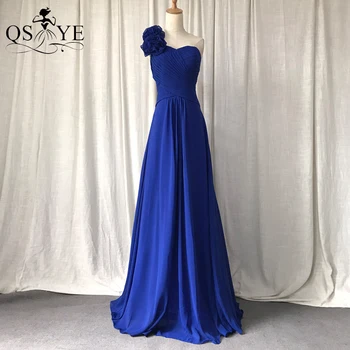 Azul Royal Chiffon em Uma linha de Vestidos de Noite Ruched Flores de Um Ombro Vestido de Baile Elegante Laço de Volta Simples Vestido de Festa Formal