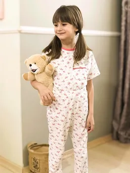 Flaneur Menina De Manga Curta Floral De Pijama Conjunto De Roupas De 100% De Algodão Respirável Crianças Homewear Bebê Bonito Sleepwear