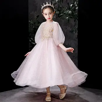 Nova Renda de Lantejoulas Vestido da Menina de Flor para Casamentos Metade Mangas Princesa Menina de Vestido de Festa de Comunhão Concurso Vestido de Vestidos Longo