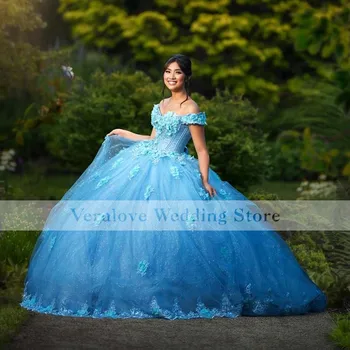 Azul Princesa Vestidos de Quinceanera 2021 Lantejoulas Applique Frisado Querida Corset Lace-up de Volta do Baile Vestido Sweet 16