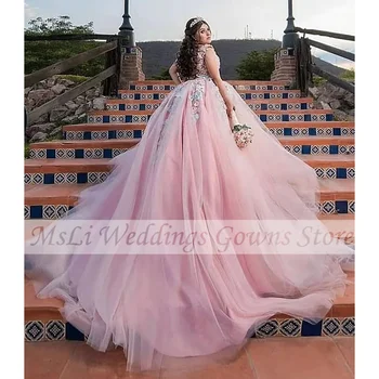 Cor-De-Rosa Vestidos De Princesa Bola Vestidos De Quinceanera Apliques Espartilho Doce 16 Vestido De Aniversário De Baile, Vestido De Vestidos De 15 Anos