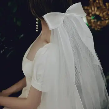 Noiva, o véu da Dupla camada vintage arco nó Sen série de fotografia de viagens luz gaze Curto véu de noiva cabeça Pequena vestido de Casamento