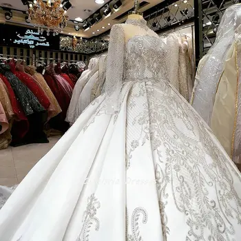 Imagem Real Ilusão De Cristal Beading Bordado Dubai Bola Vestido De Noiva Vestidos De Gola Alta, Manga Longa Arábia Árabe Vestidos De Noiva