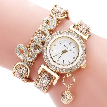 Estilo coreano feminino, estudante de moda casual com letra de AMOR cheio de diamantes de moda relógio de luxo moda quartzo relógio de mulheres
