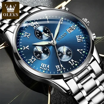 OLEVS Relógios de Homens de alto Luxo Desporto Cronógrafo de Aço Azul Luminoso à prova d'água Quartzo Relógio de Pulso para homens Reloj Hombre 2023
