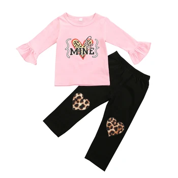 Criança Bebê Meninas Roupas Casuais do Dia dos Namorados Define o Amor de Padrão de Letra Impressa Queimado Camisas de Manga Tops, Calças de leopardo