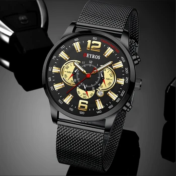 Negócios de luxo Relógios de homens de Aço Inoxidável com esteira de Malha de Quartzo Homens Relógio de Pulso Calendário Masculino Luminoso de Couro Relógio reloj hombre 0