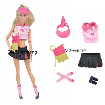 1/6 Moda cor-de-Rosa Acessórios Para a Boneca Barbie com Roupas Crop Top Camisa do Tanque de Saia, Chapéu, Meias Sapatos de 30cm Casa de bonecas de Vestir a Roupa