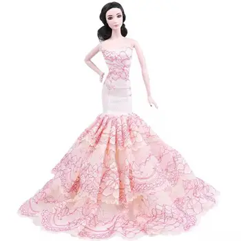 Bege cor-de-Rosa Floarl Off-Ombro Princesa Sereia Vestido para a Barbie Roupas de 1/6 BJD Bonecas Acessórios Fishtail Vestido Festa de Casamento