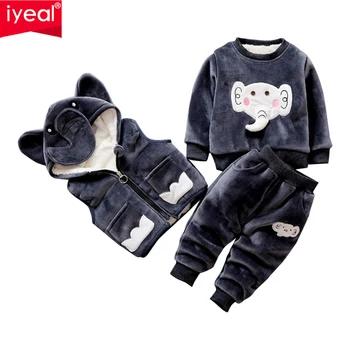 IYEAL Bebê Menina Menino Conjuntos de Vestuário Elefante Padrão de Inverno Quente Colete + Tops + Calças de Criança a Criança de Roupas Terno para 1 2 3 4 Anos