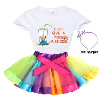 Arco-íris Tutu Definido para as Meninas Crianças T-Shirt Bebé 2021 Vestido de Verão Ternos de Bebê 2 Conjuntos de peças para Crianças, SE VOCÊ DÁ UM MOUSE de UM COOKIE