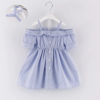 Meninas o verão azul tira-o-shouder vestido de Bebê da princesa vestido de fada mais barato Crianças a vestirem-se livre de correspondência de diadema DR19098