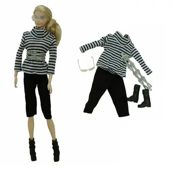 1/6 BJD Roupas Para a boneca Barbie com Roupas da Moda da Camisa de Listra Cortar Calças, Botas Óculos Traje 11.5