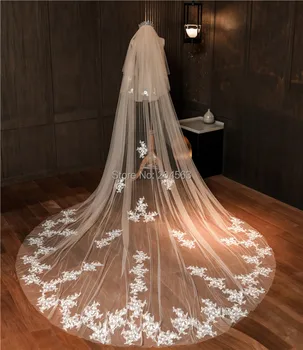 Impressionante Duas camadas de Luxo de Rendas Véu de Noiva com Flores Longos Véus de Noiva com Pente de Casamento AccessoriesJD2020