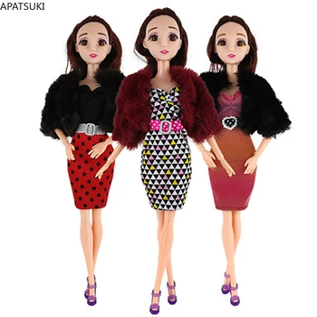 Boneca de moda de Roupas Para a Boneca Barbie com Roupas Conjunto de Polca Vestido & Casaco de Pele Vestidoes 1/6 BJD Casa de bonecas Acessórios Brinquedos 0