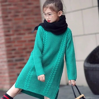 4-14 Anos Crianças Camisola De Gola Alta De Vestidos Para Meninas Sólido Casual Queda Vestido De Malha Estilo Coreano Novidade Do Vestido Da Menina De Roupas