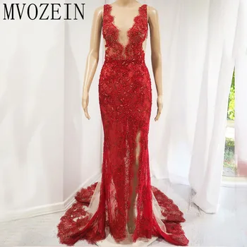 Vestidos de Vermelho Sereia Vestido de Noite 2020 Profundo Decote em V sem Mangas Alto Dividido Ver Através de Longos Vestidos de Noite Robe de sarau 0