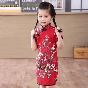 Novo 2021 Meninas Cheongsam Algodão Vestido De Uma Linha De Estilo Chinês, Em Linha Reta Elegante Crianças Vestidos Chinês Tradicional Vestuário 80-155