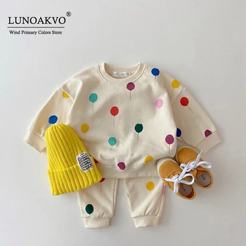 Lunoakvo coreano Crianças do Bebê Balão de Impressão Conjuntos de Vestuário Meninas Meninos Camisolas de Algodão+Calças 2pcs Conjuntos de Treino de Roupas infantis