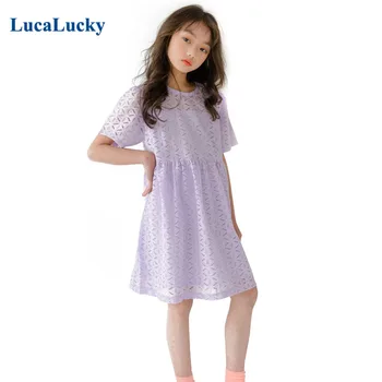 LucaLucky de Verão de Novo 2021 Roxo Laço Forals Vestido de Crianças de Manga Curta O decote Joelho Comprimento Princesa Vestidos de Roupas de Idade 4-17 Anos