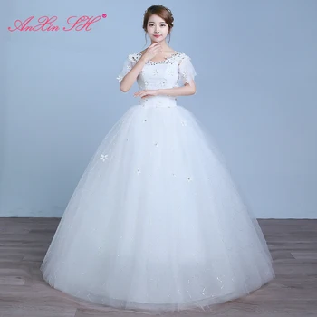 AnXin SH flor branca vestido de noiva de renda princesa vintage de pescoço de v beading cristal babados festa vermelho vestido de noiva de renda
