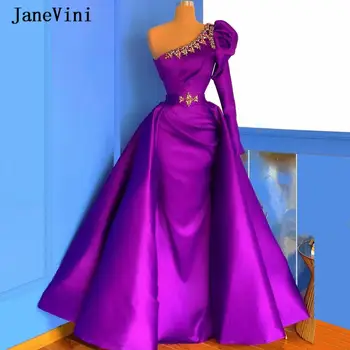 JaneVini Roxo de Um Ombro Sereia Vestidos de Noite com Trem Destacável Mangas compridas Cristais de Cetim árabe Jantar Formal Vestido
