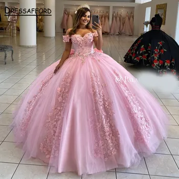 Cor-de-rosa Vestidos de Quinceanera Bola Vestido Off Ombro 3D Rose Flores Inchado Sweet 16 Vestido de Festa de Celebridades Vestidos de Formatura