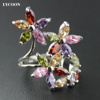 LYCOON novo e elegante de quatro folhas da flor de luxo anéis de ajuste do dente colorido Marquise Cúbicos de Zircônia belo anel do partido para as mulheres