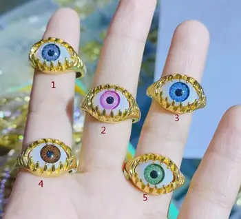 1pcs Colorido Esmalte Gravar Robusto Boêmio turco Olho Mau Anéis de Ouro Larga Grande CZ Eternidade Abrir Banda de Anéis Para as Mulheres