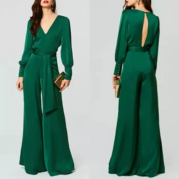 Elegante Longo Com Decote Em V Verde Vestidos Com Cinto-Macacão De Linha De Piso Comprimento Do Zíper Robe De Mariée Vestido De Festa Para Mulheres