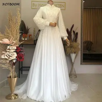 Requintado Branco De Gola Alta Muçulmano Formal Vestidos De Noite, Em 2022, Uma Linha De Mangas Compridas Apliques De Renda Festa De Formatura Com Vestidos De Vestes De Soirée