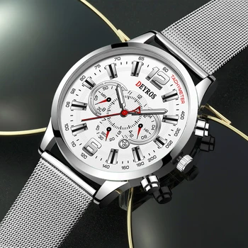 Negócios de luxo Relógios de homens de Aço Inoxidável com esteira de Malha de Quartzo Homens Relógio de Pulso Calendário Masculino Luminoso de Couro Relógio reloj hombre 4