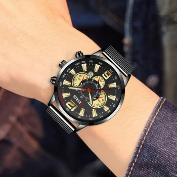 Negócios de luxo Relógios de homens de Aço Inoxidável com esteira de Malha de Quartzo Homens Relógio de Pulso Calendário Masculino Luminoso de Couro Relógio reloj hombre 5