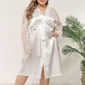 Mulheres brancas com Rendas Florais Quimono Veste de Noiva Vestir o Roupão Vestido Sexy Ocos de Manga comprida Camisola M-3XL Verão Sleepshirt