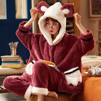 Mulheres Inverno Acolchoado mais Espessa, Quente Estudante de Pijama Terno de roupa de dormir Mulheres Pijamas para Mulheres Camisola de Dormir de Pijama Conjunto