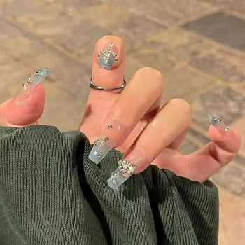3D unhas postiças set prima em falso ongles francês longo caixão dicas com daimond coração projetos DIY manicure decoração de unhas falsas kit