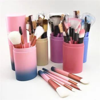 Nova marca Popular de Maquiagem Pincéis set 12pcs ferramentas vem com plástico barril 7 cores disponíveis 4sets/monte drop shipping