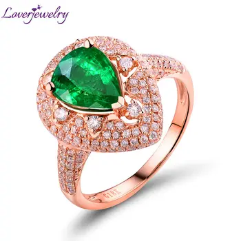 LOVERJEWELRY Esmeralda Anéis Para as Mulheres de Ouro Rosa de 18K 1.68 ct Forma de Pêra Verde, pedra preciosa de SI Diamantes Envolvimento de Natal de Jóias