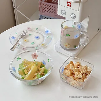 Ins Estilo coreano Fresca e Linda Flor de Vidro Tigela de Cereais de pequeno-Almoço Tigela de Salada Copo de Vidro Resistente ao Calor Prato de Flor