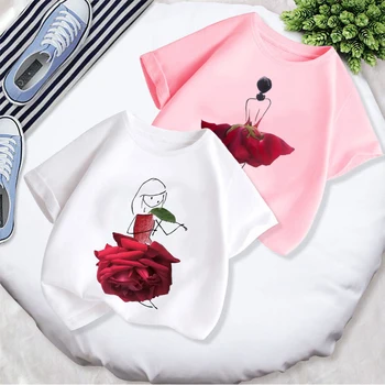 Rosa de banda desenhada da Menina Bonito Imprimir 2022 Verão T-shirt da Moda coreana Versão de Branca de Manga Curta Versão coreana Gola Tees