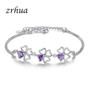 ZRHUA Prata Genuína de Cor Púrpura Cúbicos de Zircônia Cristal Jóias Para as Mulheres, Senhoras de Flores Especiais Projeto da Forma, Bracelete