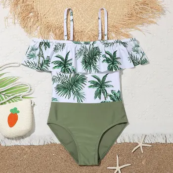 Estampa Tropical Menina Um Maiô de Peça Plissado Crianças Swimwear Off Ombro de Natação maiô 7-12Years Monokini Beachwear 2023