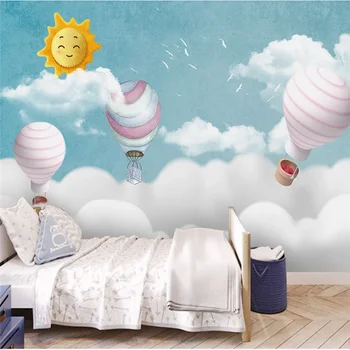 Papel de parede personalizado crianças da sala céu criativo nuvens de balão de ar quente do quarto cartoon mural 8D waterproof o revestimento de parede