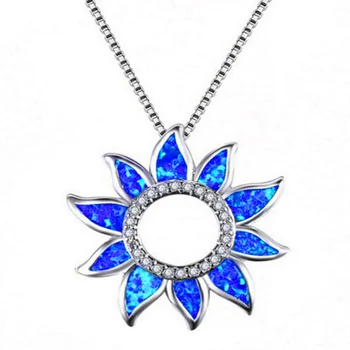 Moda Banhado a Prata Azul Opalite Opala Pingente Link Colar Chain de Sol de Flor com Strass Jóias