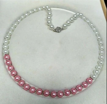 Mulher clássico jóia colar de 8mm rodada do grânulo branco cor-de-rosa misto Natural do MAR do SUL da SHELL COLAR de PÉROLAS 18