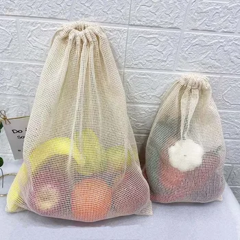 De algodão de saco ecológico Bolso bolso de tecido do bolso de bola de multi-propósito net moda de bolsa de saco de compras de Frutas saco de malha