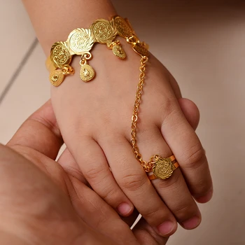 Wando Bebê Meninas Moeda Pulseiras/Braceletes de Ouro de Cor em forma de Coração da Sorte Frisado Cadeia de Moda Dubai, Arábia saudita, Israel Jóias Presentes