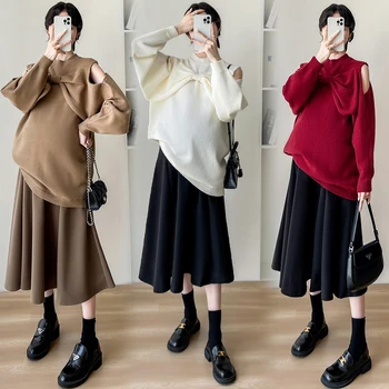 A66# Outono, Moda de Inverno Maternidade Saias Ins Ocos Blusas de Malha Roupas para Mulheres Grávidas Gravidez Conjuntos de Vestuário